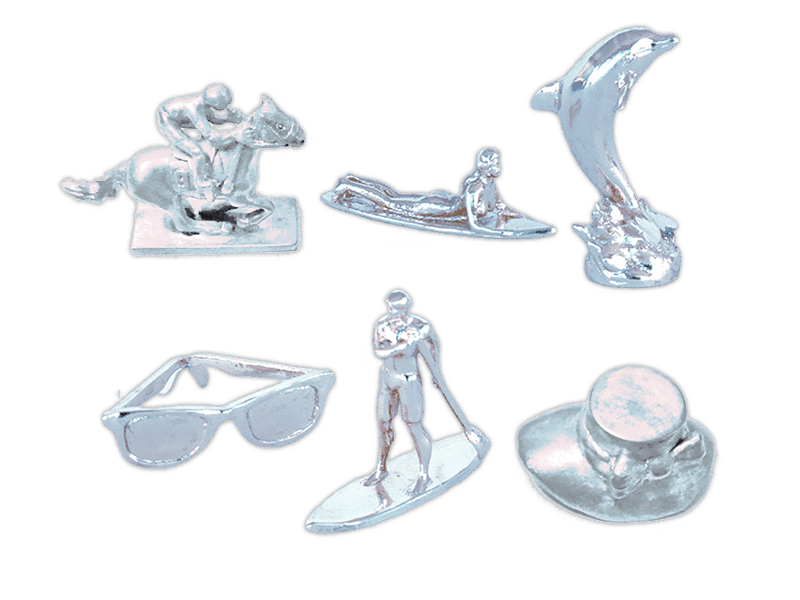 metal pewter nickel plated game pieces: horse & jockey, surfer, dolphin, sunglasses, paddle boarding, del mar sun bonnet