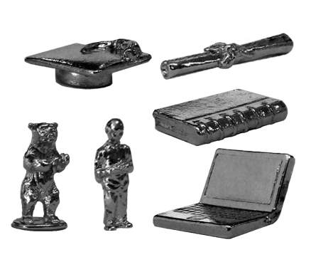 metal pewter nickel plated school game pieces: graduation hat, diploma, backpacker, laptop, notebook and bear